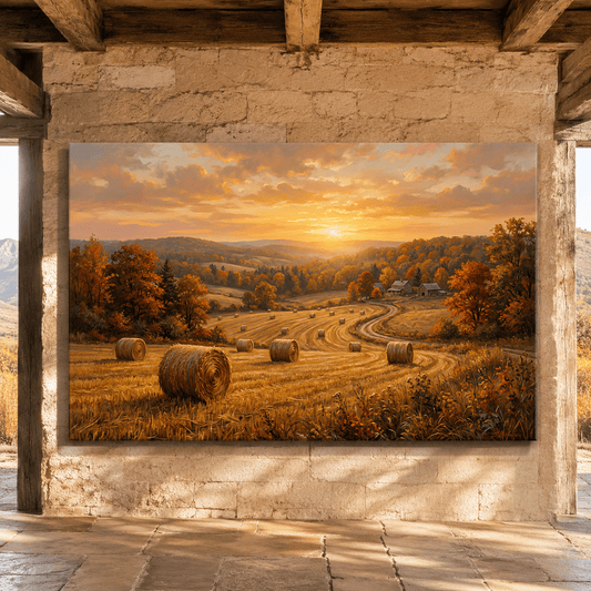 Harvest Glow Autumn Golden Fields Canvas Wall Art – Rustic Farmhouse Sunset Landscape Decor - ART OF ROYALS