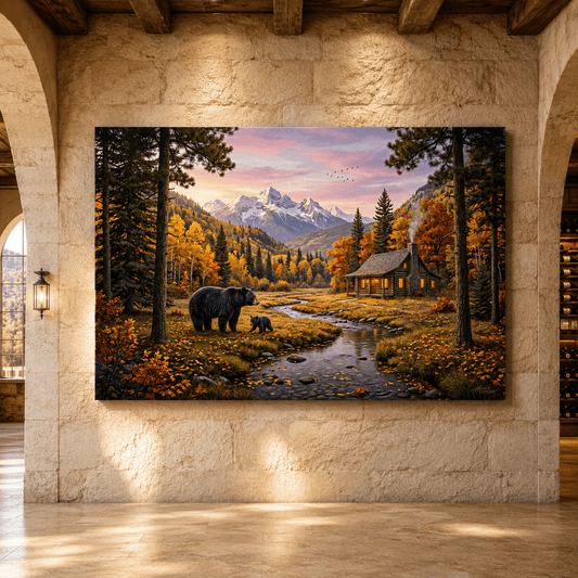Bear and Cub Autumn Cabin Canvas Wall Art – Cozy Mountain Wilderness Decor - ART OF ROYALS