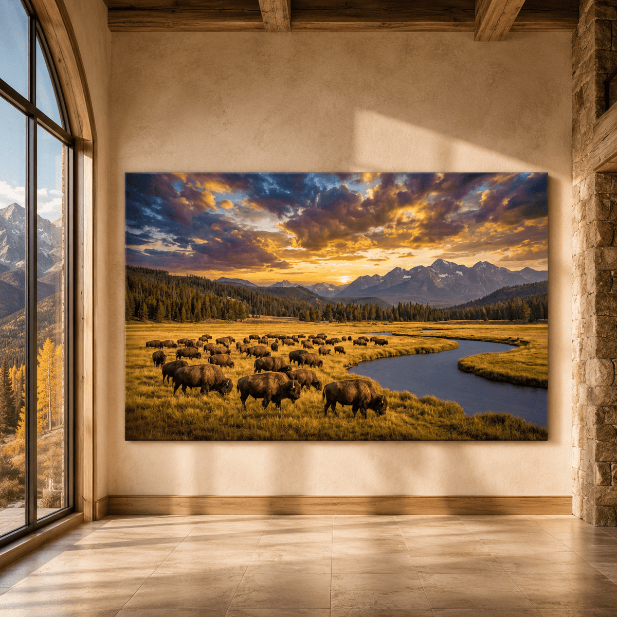 Majestic Bison Herd at Sunset Canvas Wall Art – Mountain River Wilderness Landscape Decor - ART OF ROYALS
