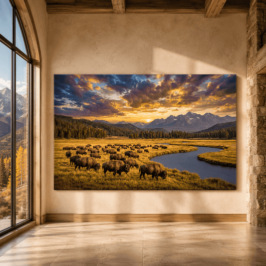 Majestic Bison Herd at Sunset Canvas Wall Art – Mountain River Wilderness Landscape Decor - ART OF ROYALS