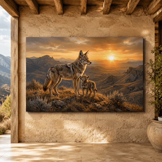 Coyote Pup at Golden Sunset Canvas Wall Art – Mountain Wildlife Family Decor - ART OF ROYALS