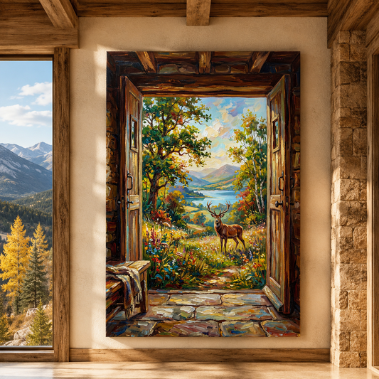 Open Door to Serenity Deer Canvas Wall Art – Rustic Countryside Landscape Decor - ART OF ROYALS