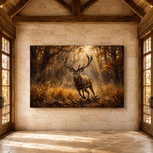 Majestic Charging Stag Canvas Wall Art – Autumn Forest Wildlife Decor - ART OF ROYALS