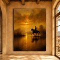 Golden River Crossing – Cowboy on Horseback Sunset Canvas Wall Art