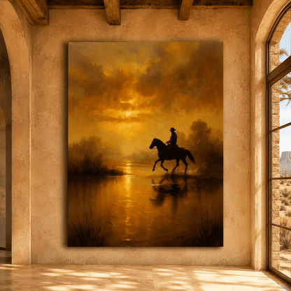 Golden River Crossing – Cowboy on Horseback Sunset Canvas Wall Art - ART OF ROYALS