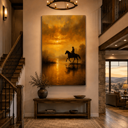 Golden River Crossing – Cowboy on Horseback Sunset Canvas Wall Art - ART OF ROYALS