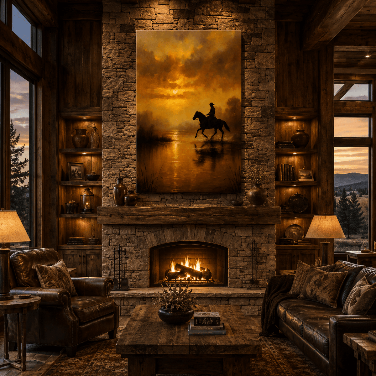 Golden River Crossing – Cowboy on Horseback Sunset Canvas Wall Art - ART OF ROYALS