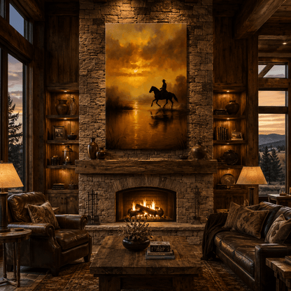 Golden River Crossing – Cowboy on Horseback Sunset Canvas Wall Art - ART OF ROYALS