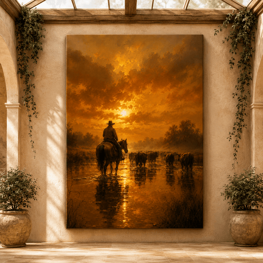 The Last Drive – Cowboy Cattle Drive Sunset Canvas Wall Art - ART OF ROYALS