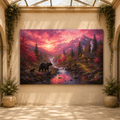 Bear Creek Sunset – Mountain Cabin Wildlife Canvas Wall Art