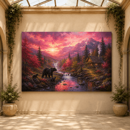 Bear Creek Sunset – Mountain Cabin Wildlife Canvas Wall Art - ART OF ROYALS