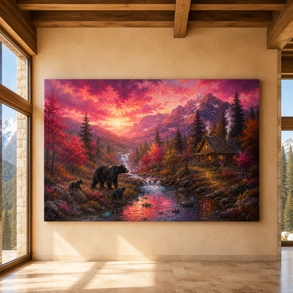 Bear Creek Sunset – Mountain Cabin Wildlife Canvas Wall Art - ART OF ROYALS