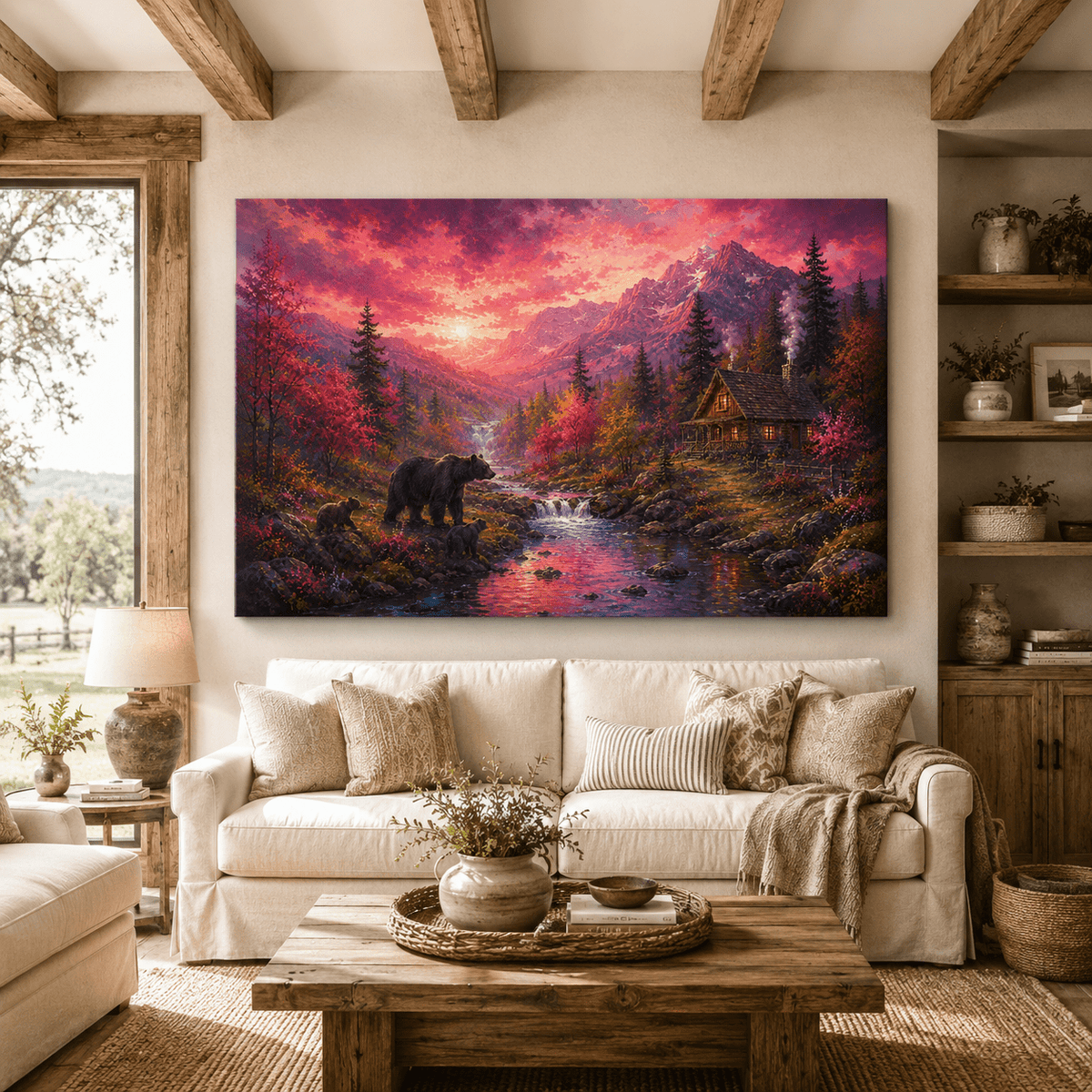 Bear Creek Sunset – Mountain Cabin Wildlife Canvas Wall Art - ART OF ROYALS