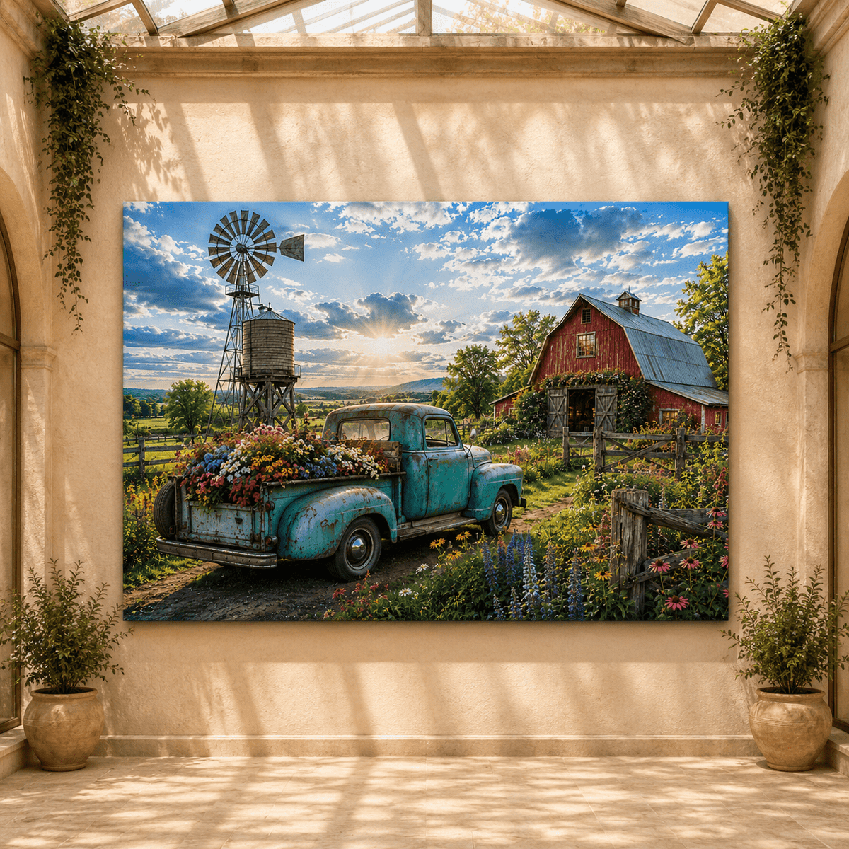Wildflower Farm – Vintage Truck and Red Barn Canvas Wall Art - ART OF ROYALS