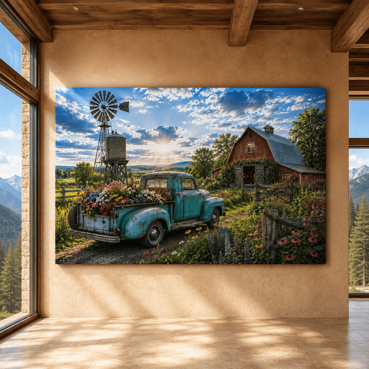 Wildflower Farm – Vintage Truck and Red Barn Canvas Wall Art - ART OF ROYALS