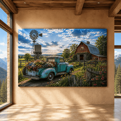 Wildflower Farm – Vintage Truck and Red Barn Canvas Wall Art - ART OF ROYALS