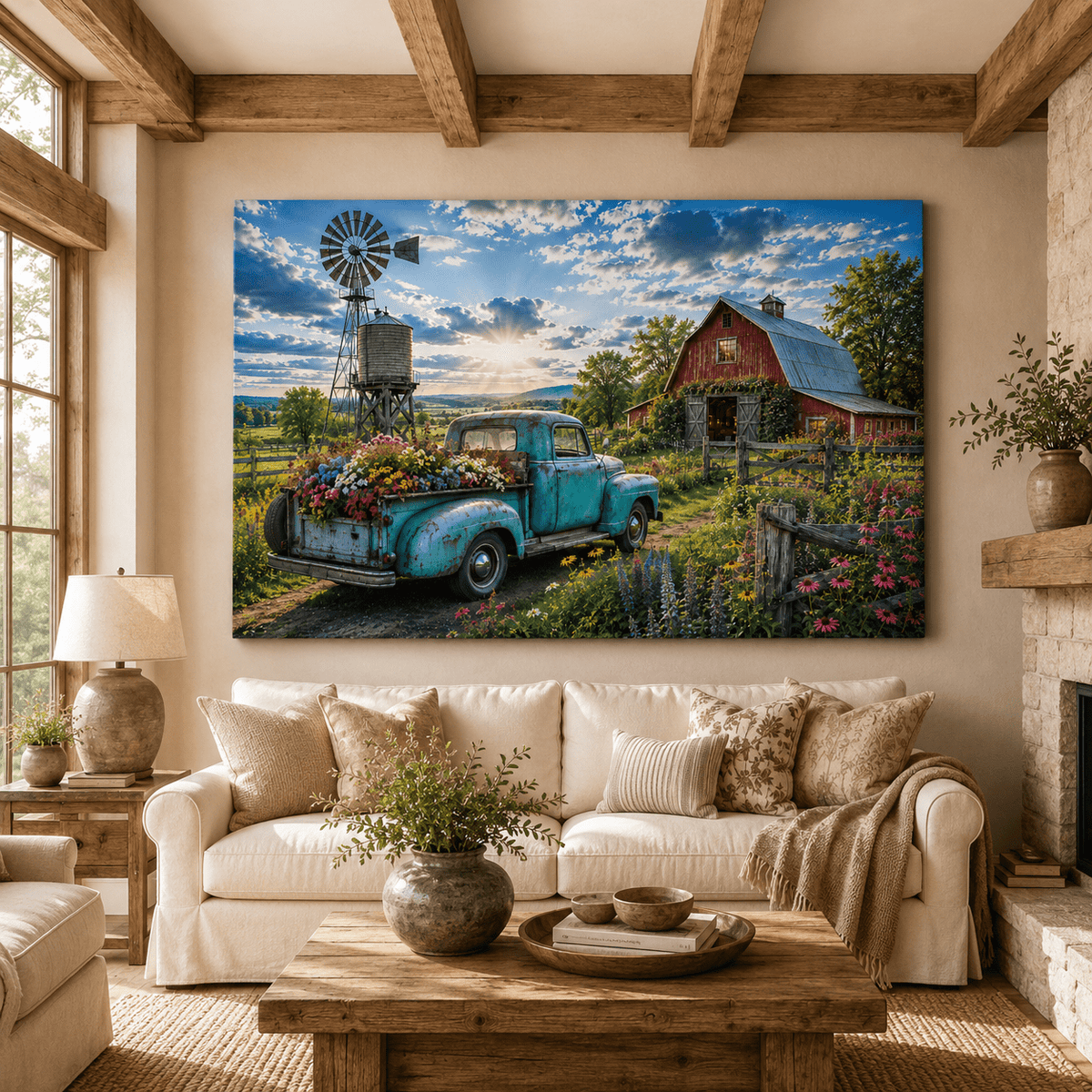 Wildflower Farm – Vintage Truck and Red Barn Canvas Wall Art - ART OF ROYALS