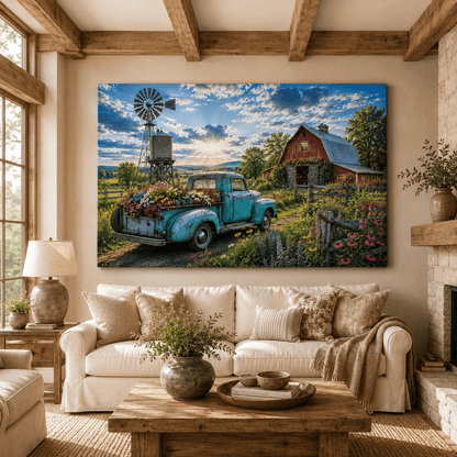 Wildflower Farm – Vintage Truck and Red Barn Canvas Wall Art - ART OF ROYALS