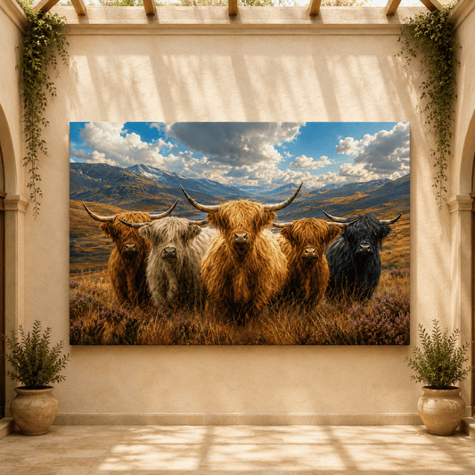 Highland Family – Shaggy Highland Cow Herd Canvas Wall Art - ART OF ROYALS