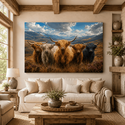 Highland Family – Shaggy Highland Cow Herd Canvas Wall Art - ART OF ROYALS