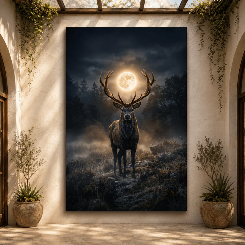 Large deer canvas wall art featuring a majestic stag under moonlight for luxury living room decor