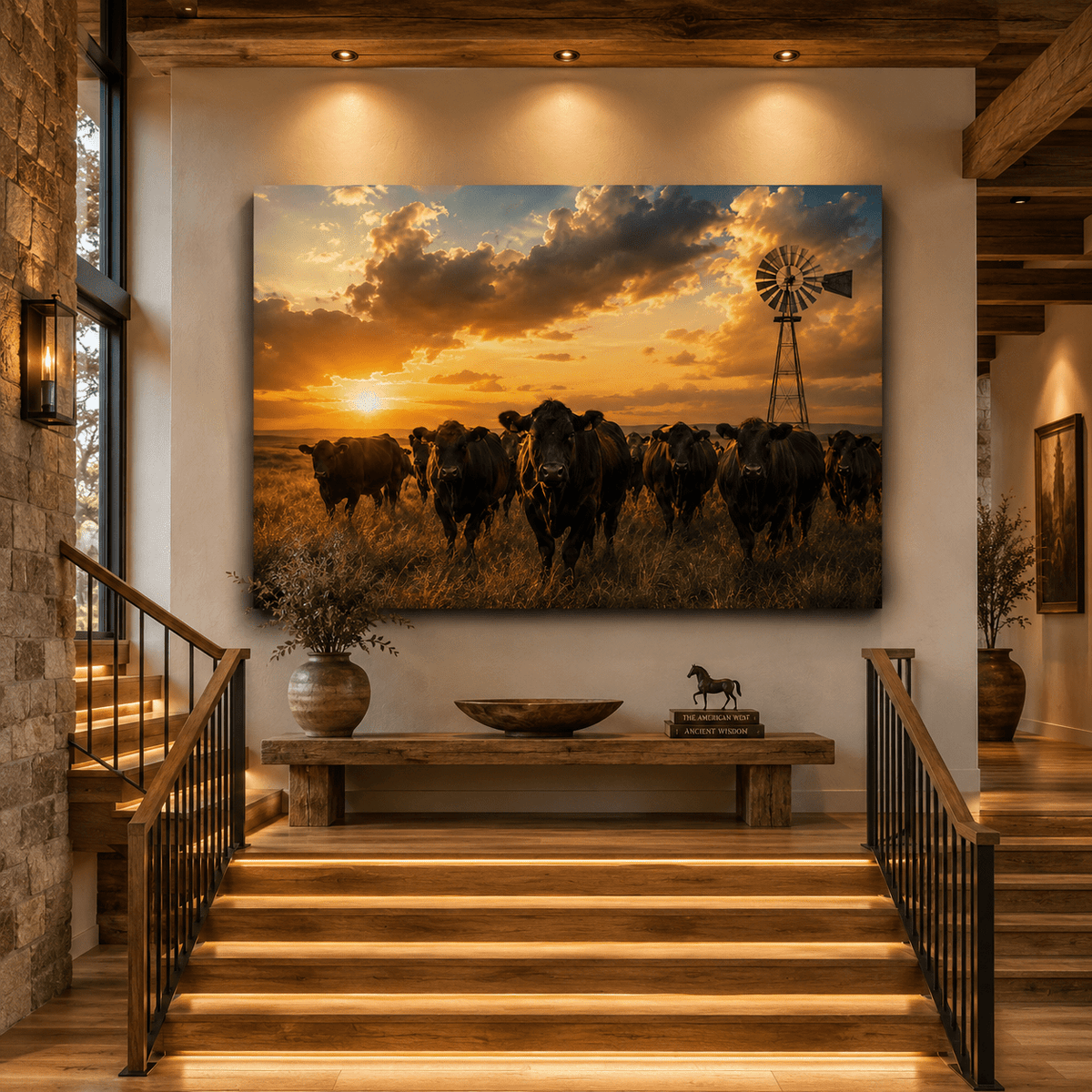 Prairie Guardians – Black Angus Cattle Sunset Canvas Wall Art - ART OF ROYALS