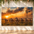 Braunvieh Cattle Herd at Sunset Wrapped Canvas Wall Art – Golden Ranch Windmill Print