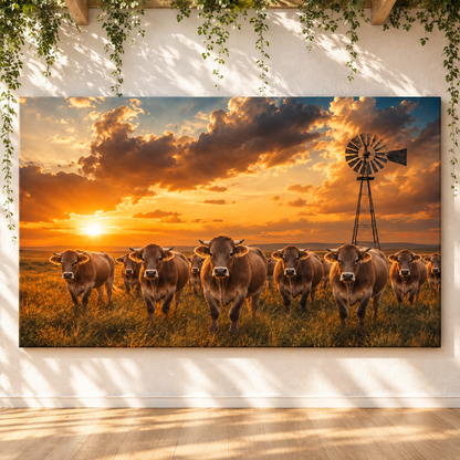 Braunvieh Cattle Herd at Sunset Wrapped Canvas Wall Art – Golden Ranch Windmill Print