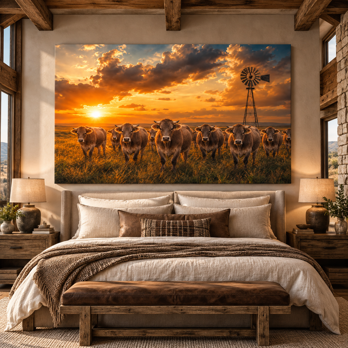Braunvieh Cattle Herd at Sunset Wrapped Canvas Wall Art – Golden Ranch Windmill Print
