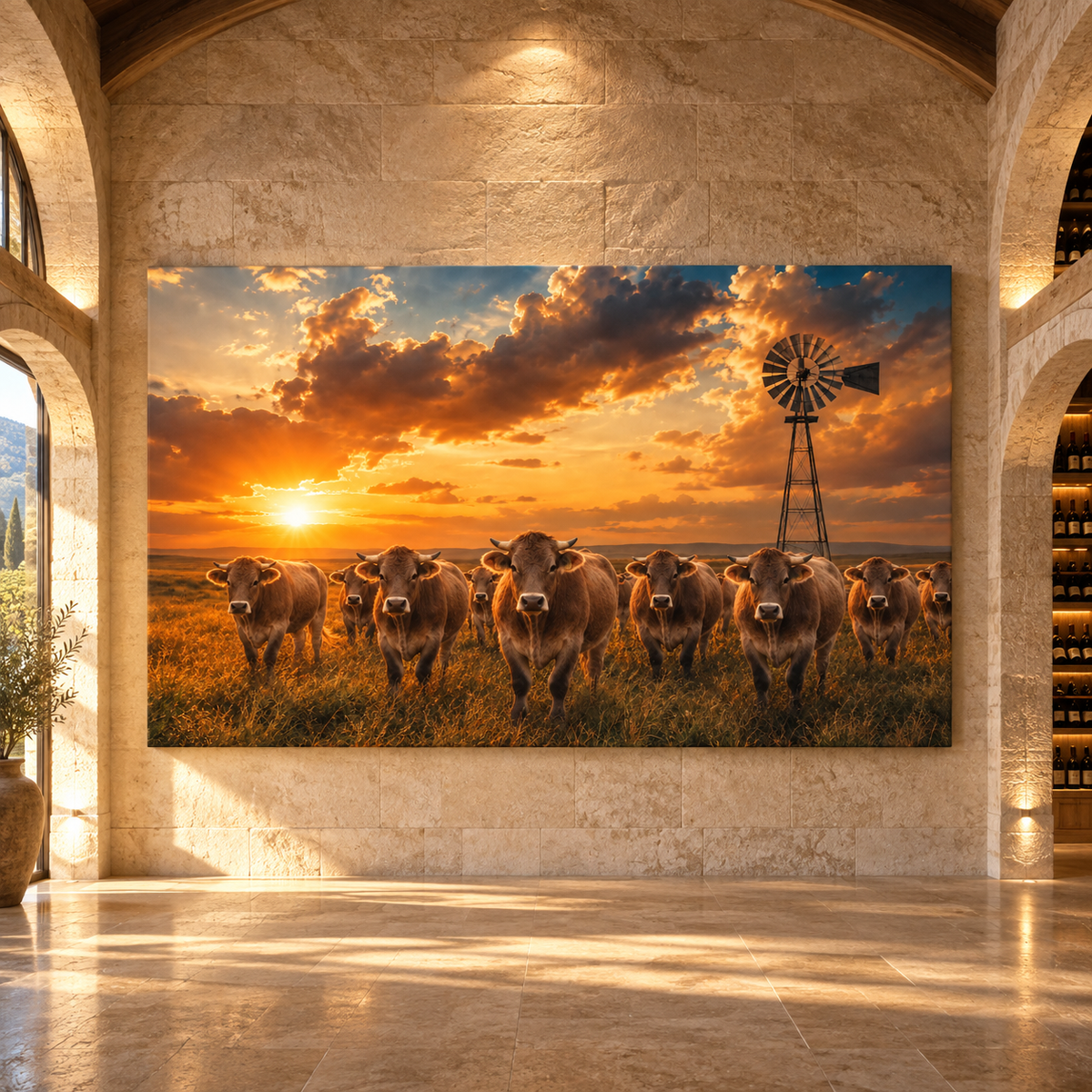 Braunvieh Cattle Herd at Sunset Wrapped Canvas Wall Art – Golden Ranch Windmill Print