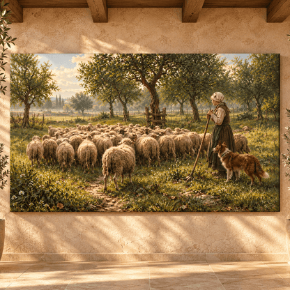 Shepherdess with Sheep & Sheepdog Wrapped Canvas Wall Art – Pastoral Farm Countryside Painting - ART OF ROYALS