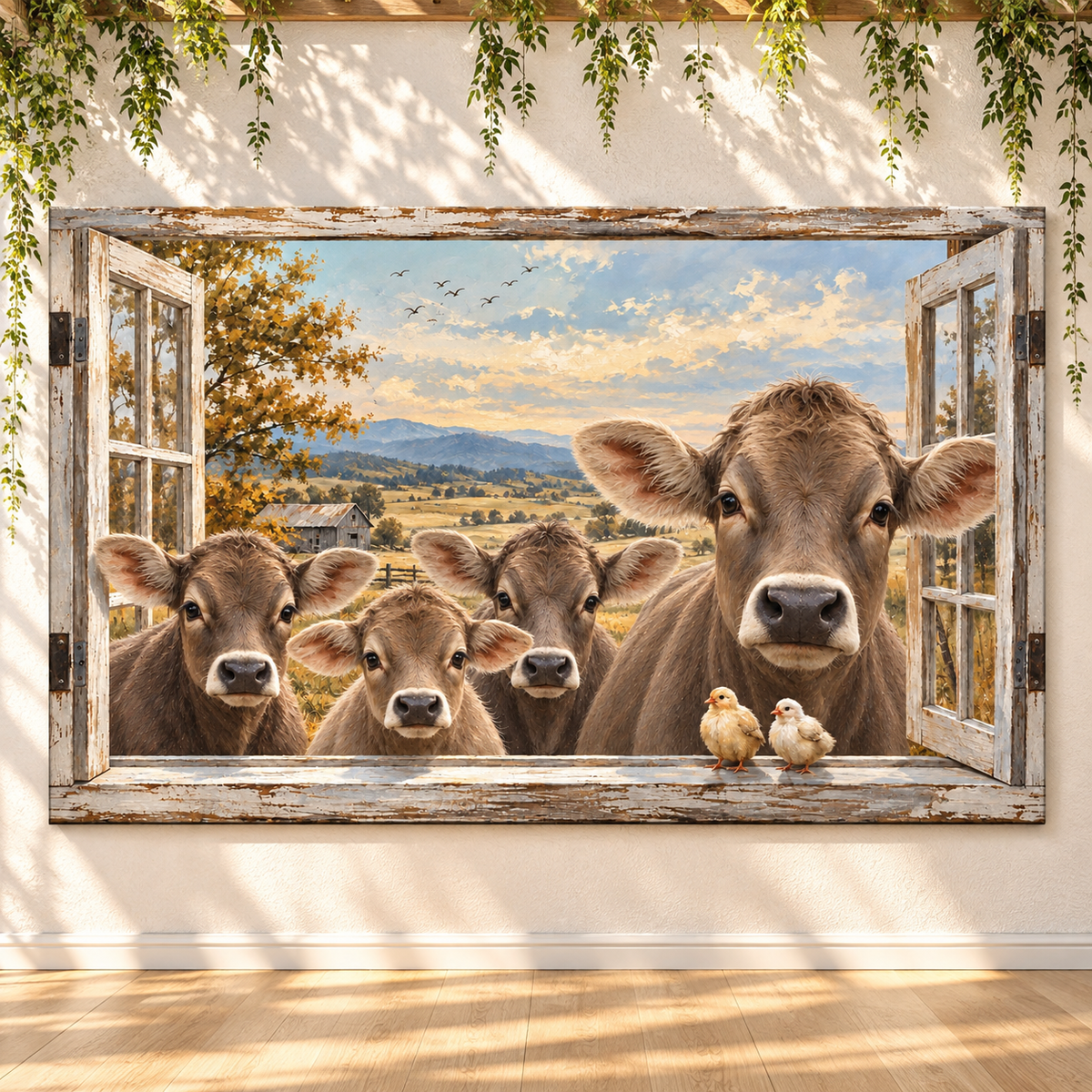 Braunvieh Cattle Peeking Through Rustic Window Wrapped Canvas Wall Art – Farmhouse Trompe L'oeil Print
