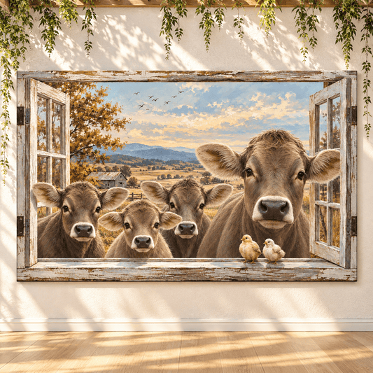 Braunvieh Cattle Peeking Through Rustic Window Wrapped Canvas Wall Art – Farmhouse Trompe L'oeil Print - ART OF ROYALS