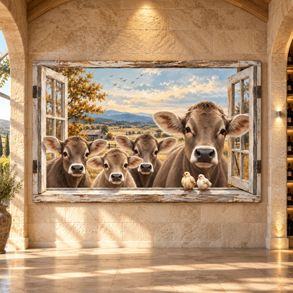 Braunvieh Cattle Peeking Through Rustic Window Wrapped Canvas Wall Art – Farmhouse Trompe L'oeil Print