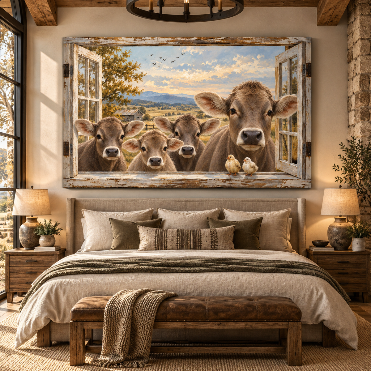 Braunvieh Cattle Peeking Through Rustic Window Wrapped Canvas Wall Art – Farmhouse Trompe L'oeil Print