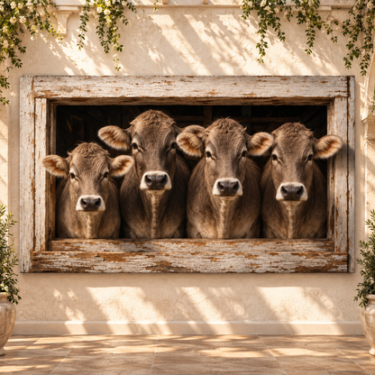 Four Braunvieh Cattle in Barn Window Wrapped Canvas Wall Art – Rustic Studio Portrait Print