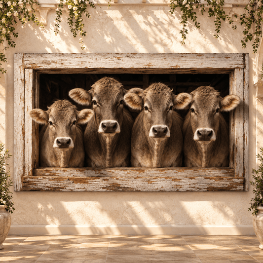 Four Braunvieh Cattle in Barn Window Wrapped Canvas Wall Art – Rustic Studio Portrait Print - ART OF ROYALS