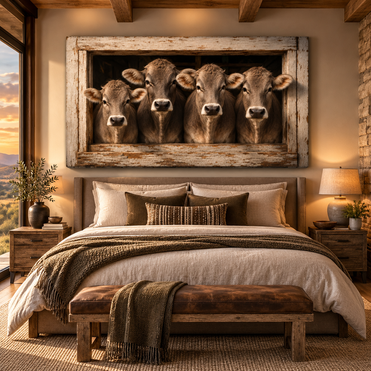Four Braunvieh Cattle in Barn Window Wrapped Canvas Wall Art – Rustic Studio Portrait Print