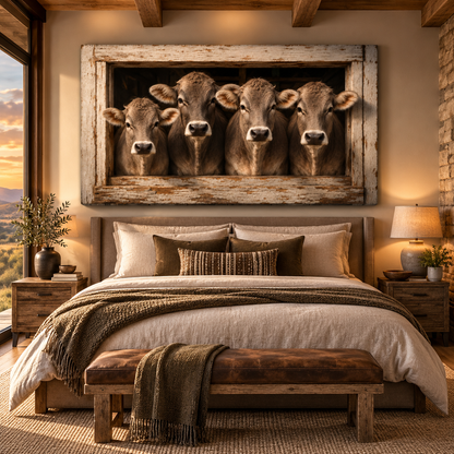 Four Braunvieh Cattle in Barn Window Wrapped Canvas Wall Art – Rustic Studio Portrait Print