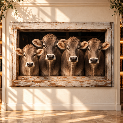 Four Braunvieh Cattle in Barn Window Wrapped Canvas Wall Art – Rustic Studio Portrait Print