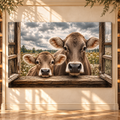 Braunvieh Mother Cow and Calf at Rustic Window Wrapped Canvas Wall Art – Farmhouse Meadow Print