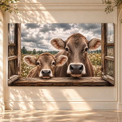 Braunvieh Mother Cow and Calf at Rustic Window Wrapped Canvas Wall Art – Farmhouse Meadow Print