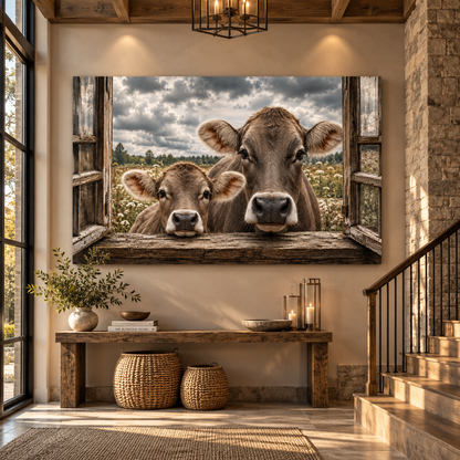 Braunvieh Mother Cow and Calf at Rustic Window Wrapped Canvas Wall Art – Farmhouse Meadow Print