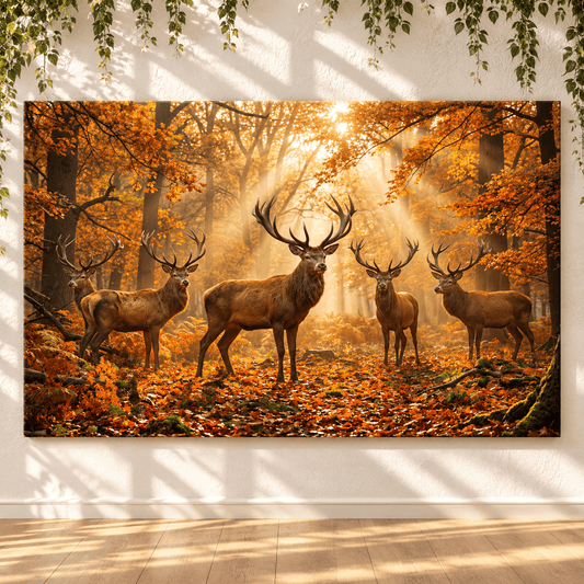Autumn Majesty Stag Herd in Golden Forest Canvas Wall Art – Majestic Deer Woodland Decor - ART OF ROYALS
