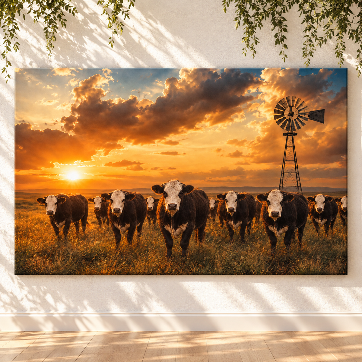 Black Baldy Cattle Herd at Golden Sunset Wrapped Canvas Wall Art – Ranch Windmill Print