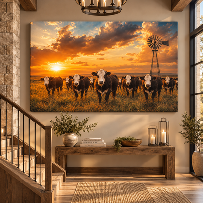 Black Baldy Cattle Herd at Golden Sunset Wrapped Canvas Wall Art – Ranch Windmill Print