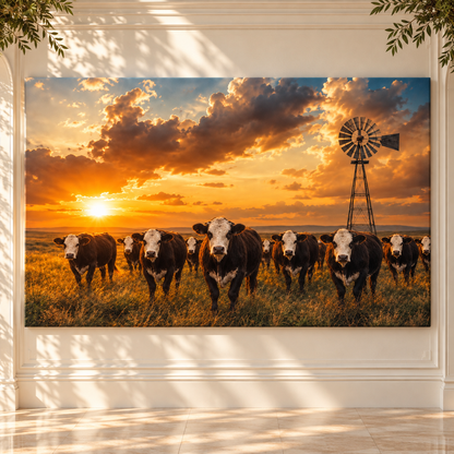 Black Baldy Cattle Herd at Golden Sunset Wrapped Canvas Wall Art – Ranch Windmill Print