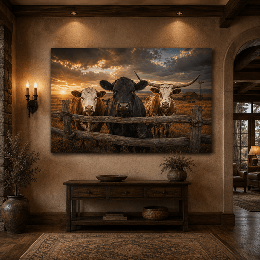 Black Angus, Longhorn and Hereford Cattle Family Wrapped Canvas Wall Art – Mixed Breed Ranch Print - ART OF ROYALS