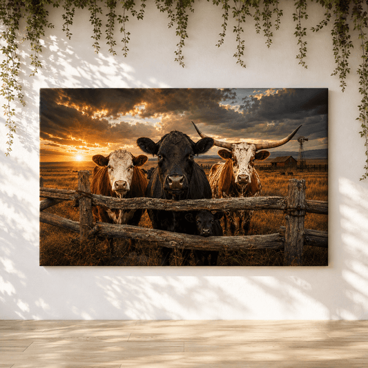 Black Angus, Longhorn and Hereford Cattle Family Wrapped Canvas Wall Art – Mixed Breed Ranch Print - ART OF ROYALS