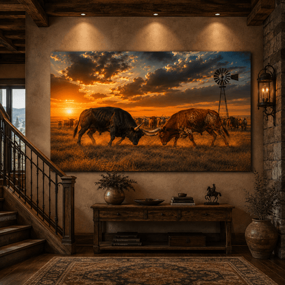 Winner Takes All – Longhorn Bulls Fighting for Herd Leadership Wrapped Canvas Wall Art - ART OF ROYALS